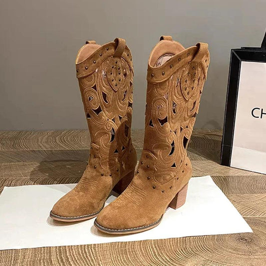 Autumn Chunky Heels Knee High Cowboy Boots - Venus Trendy Fashion Online