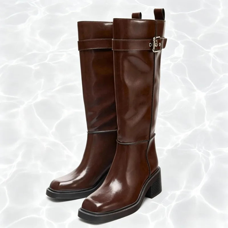 British Style Women Brown Knee Boots