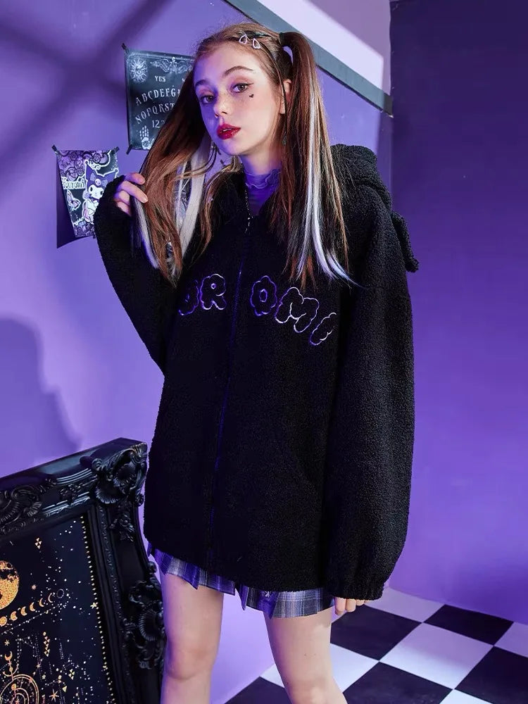 Anime Kuromi Women Black Embroidery Hoodies