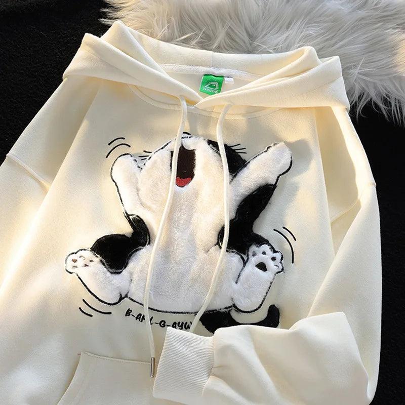 Kawaii Flock Embroidery Cartoon Cat Patchwork Hoodies - Venus Trendy Fashion Online