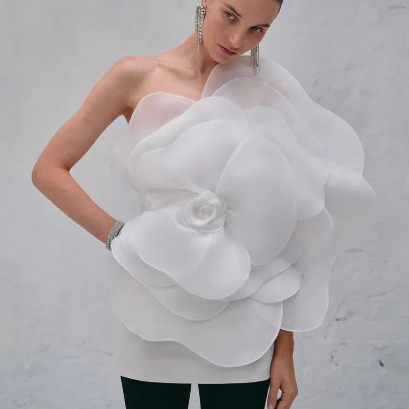 New Style White Oblique Shoulder with Decorative Flower Dress - Venus Trendy Fashion Online
