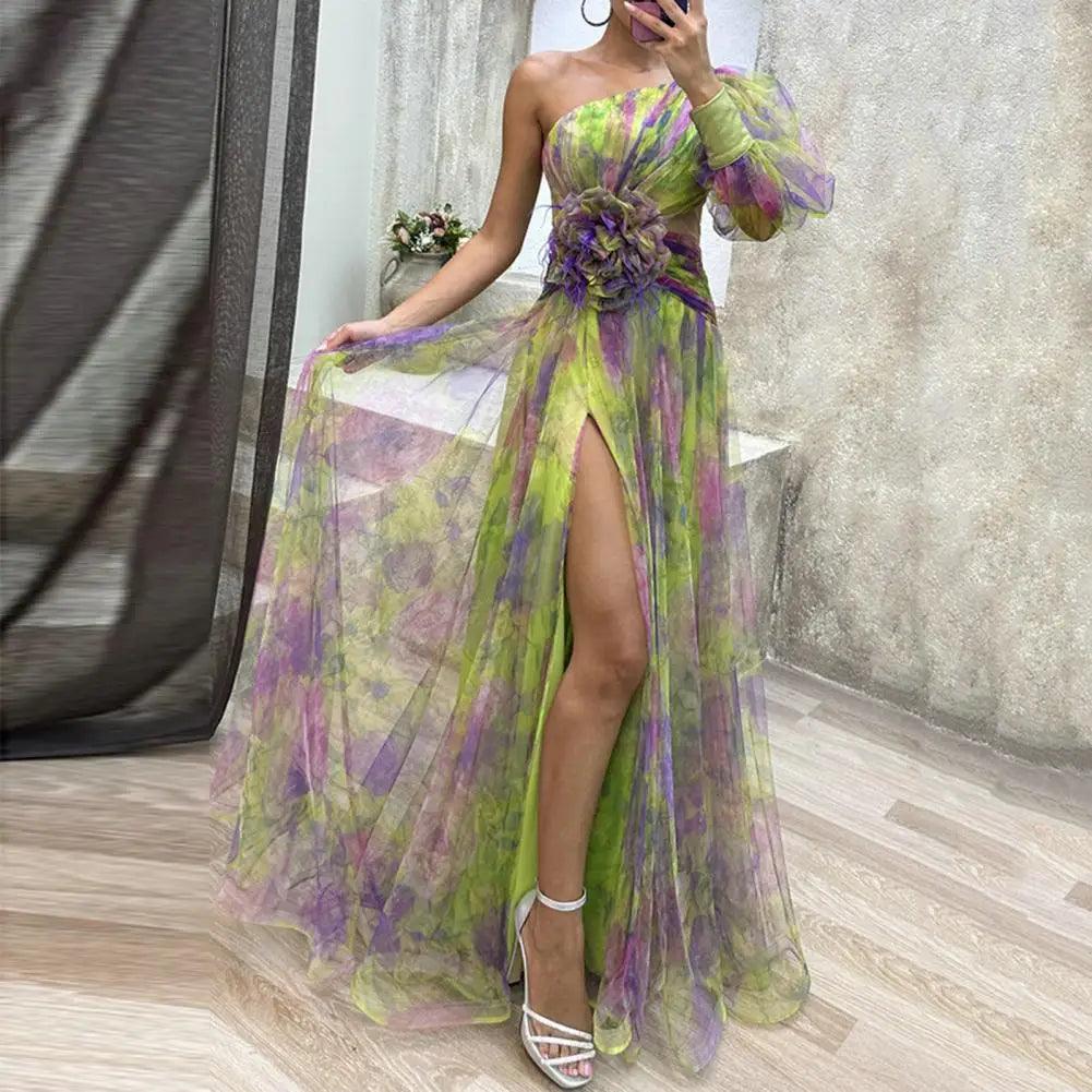 Elegant One Shoulder Tie-dye Ball Gown Evening Dress - Venus Trendy Fashion Online