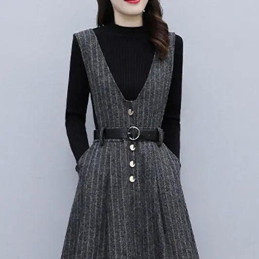 Winter Vintage Stripe Printing V-neck Tank Dress Set - Venus Trendy Fashion Online