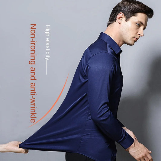 Men's long sleeved elastic shirt, non ironing - Venus Trendy Fashion Online