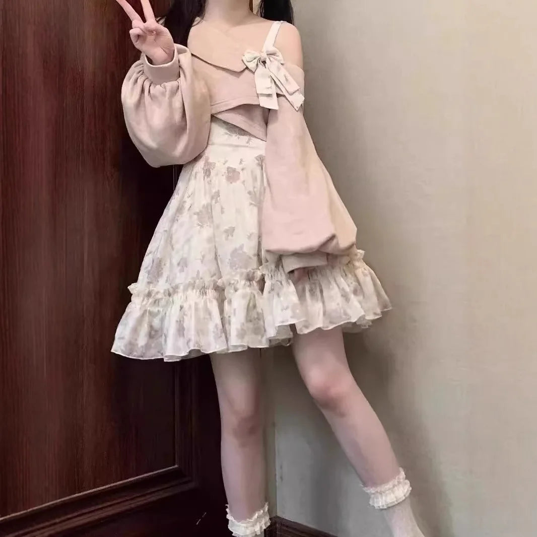 Lolita Floral Print Off-Shoulder Strap Dress