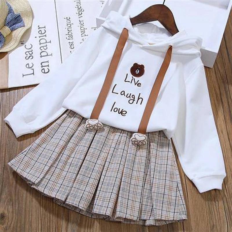 Cotton Cartoon Little Bear Hoodies + Pleated Skirt 2Pcs Suit - Venus Trendy Fashion Online