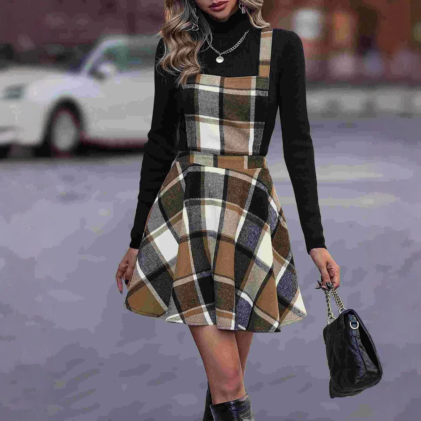 Women A-Line High Waist Vintage Tartan Jumper Dress