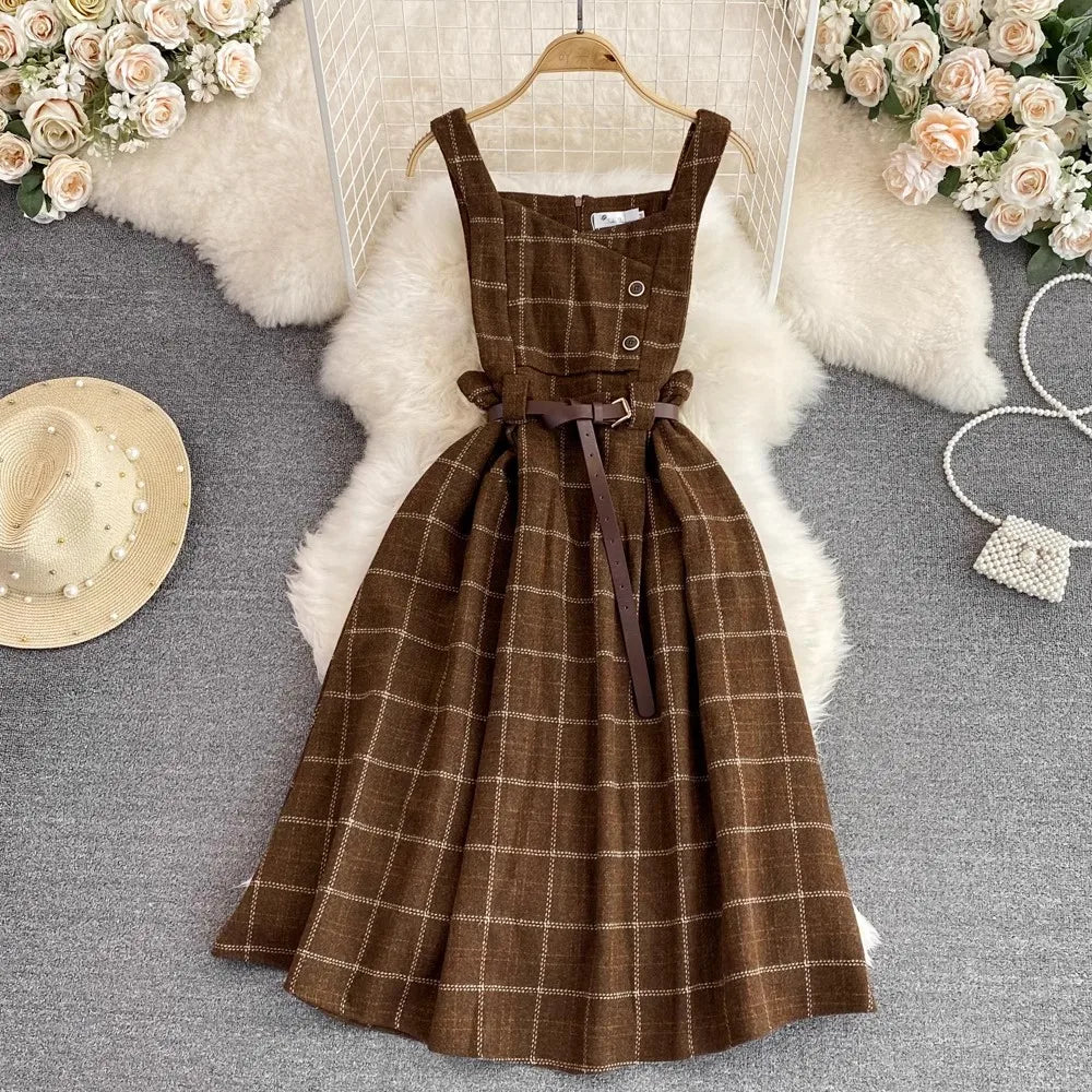 Women Autumn Winter Plaid Woolen Spaghetti Strap Dress With Belt - Venus Trendy Fashion Online