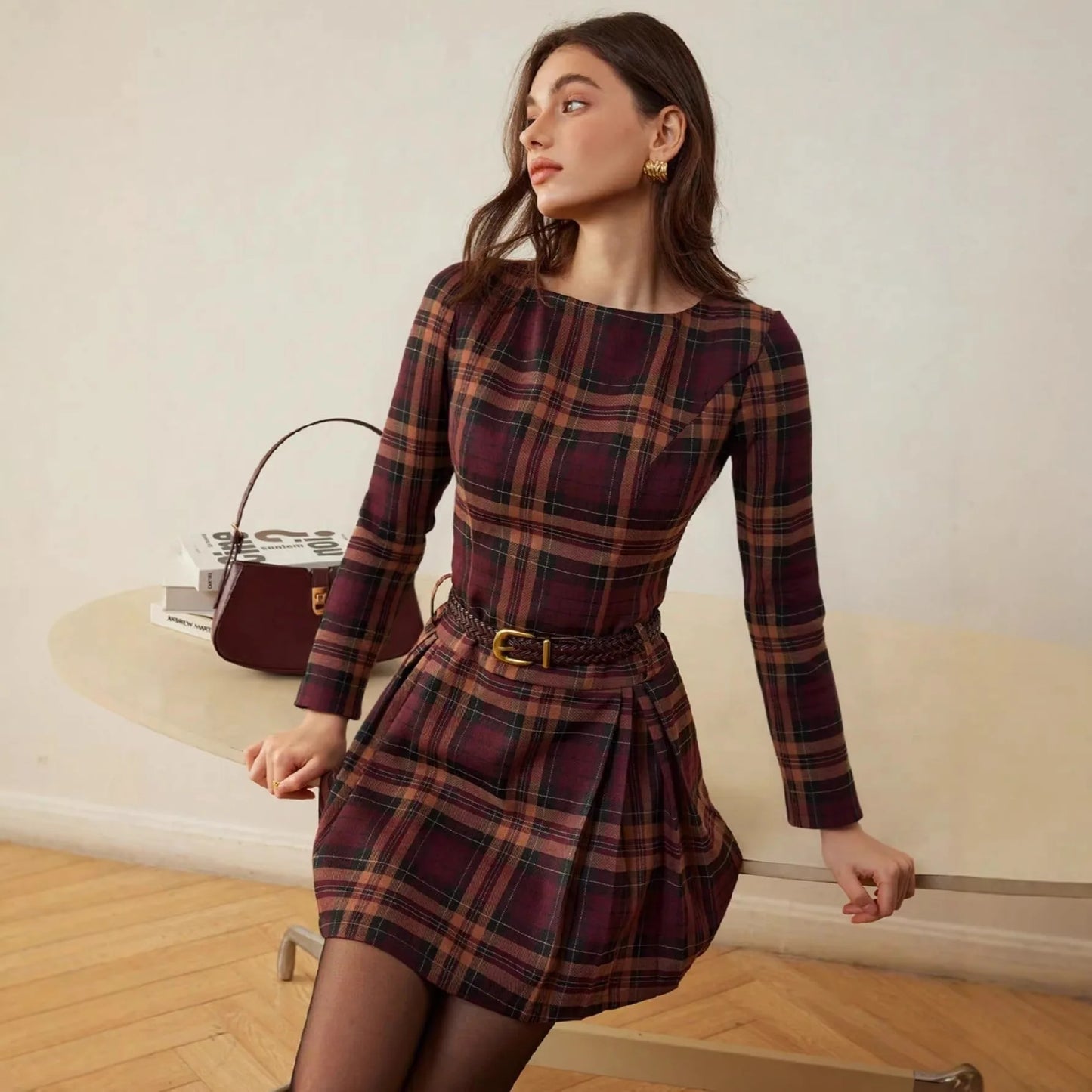 Elegant Plaid Long Sleeve Short Dress