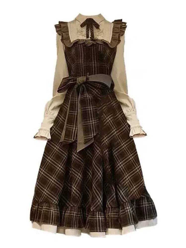 Women Long Skirt Lolita Plaid Dress