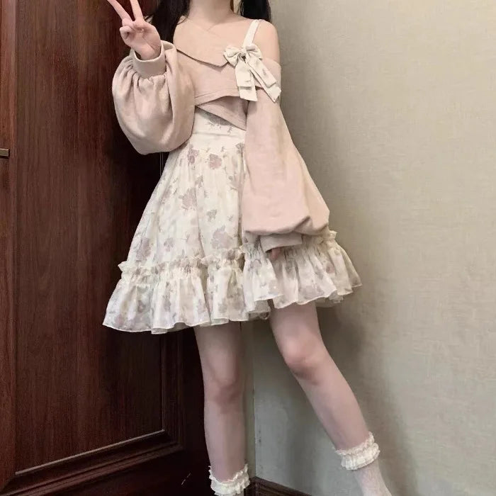 Lolita Floral Print Off-Shoulder Strap Dress