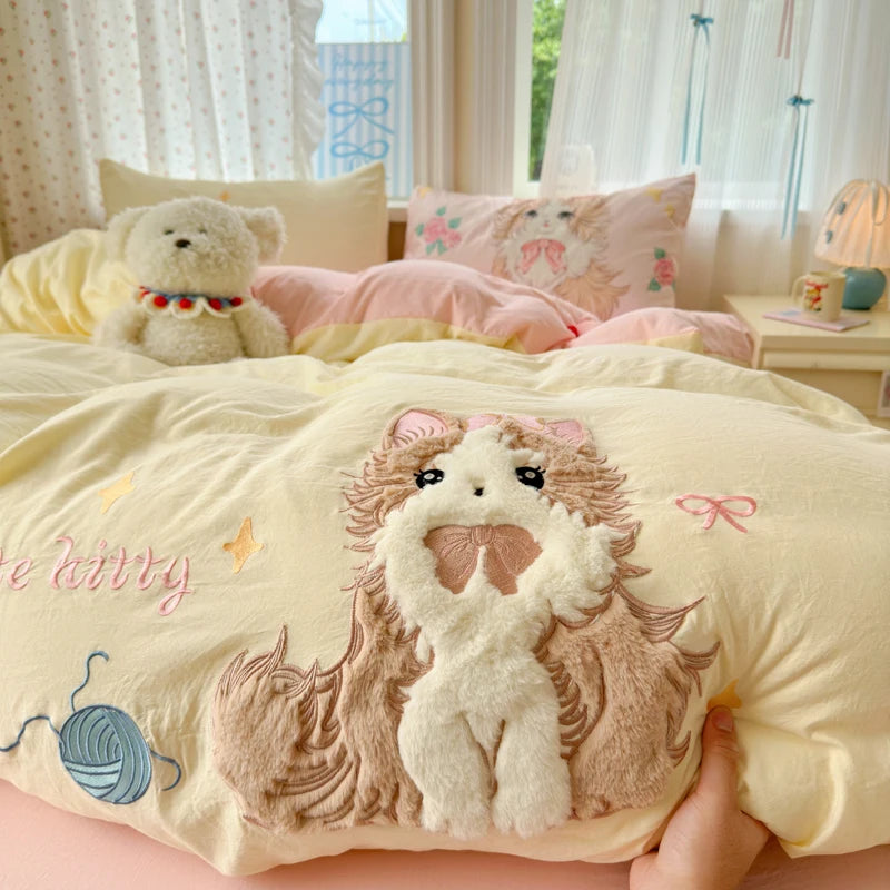 Cute Cartoon's Bow Towel Embroidery Girls Bedding Set