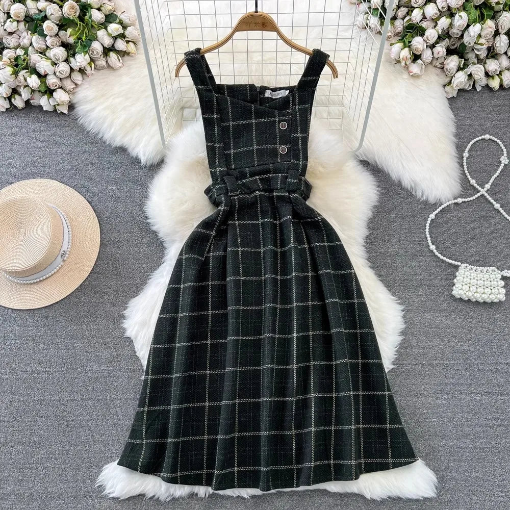 Women Autumn Winter Plaid Woolen Spaghetti Strap Dress With Belt - Venus Trendy Fashion Online