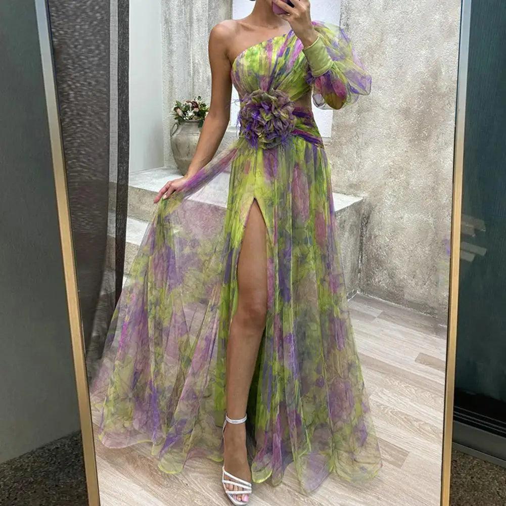 Elegant One Shoulder Tie-dye Ball Gown Evening Dress - Venus Trendy Fashion Online