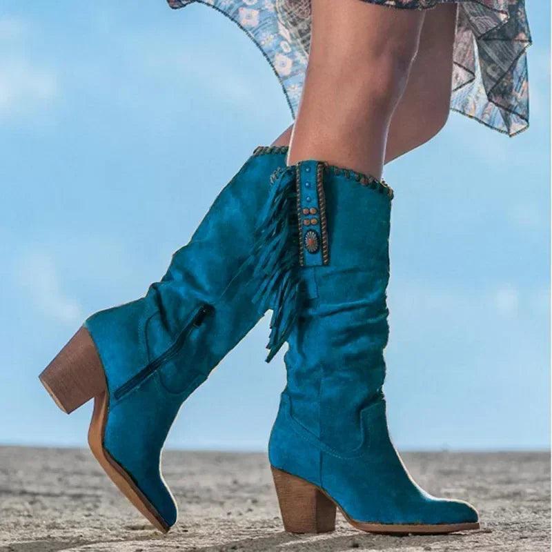 Women Metal Buckle Pointed Western Cowboy Boots - Venus Trendy Fashion Online