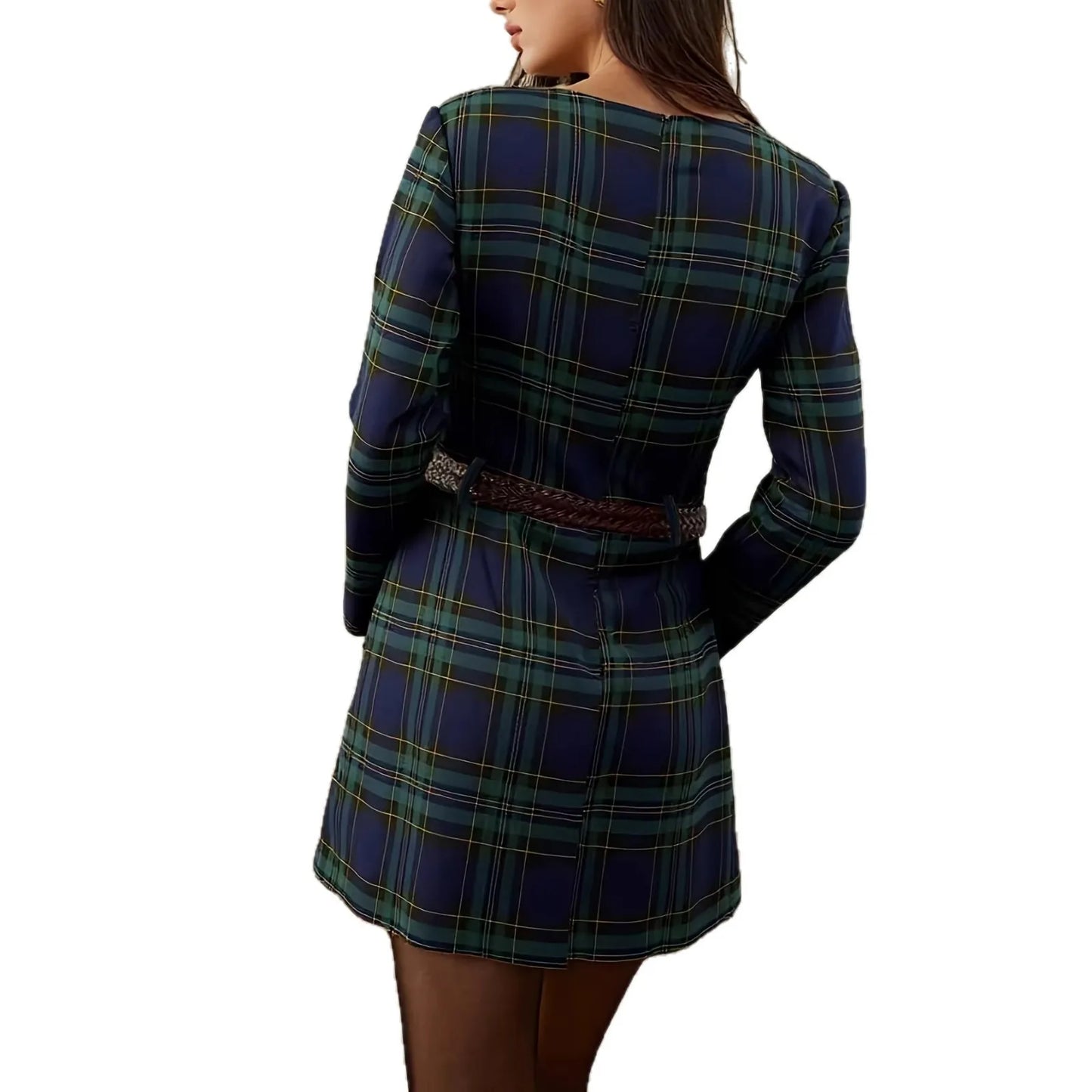 Elegant Plaid Long Sleeve Short Dress