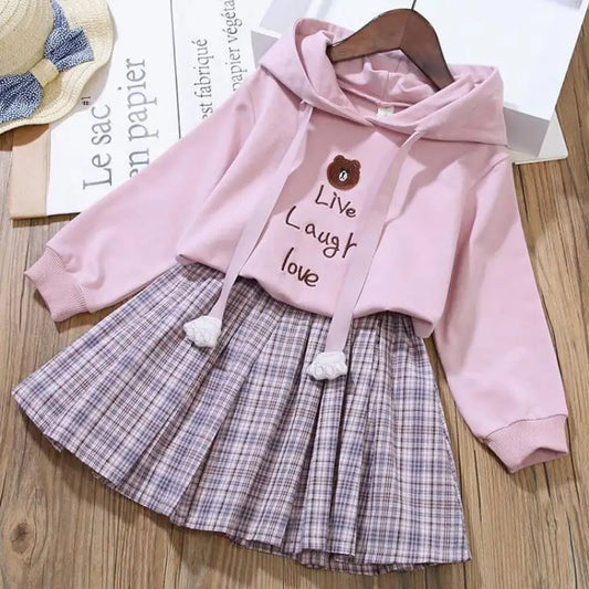 Cotton Cartoon Little Bear Hoodies + Pleated Skirt 2Pcs Suit - Venus Trendy Fashion Online