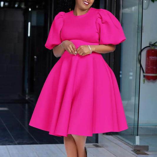 Elegant O Neck Short Sleeve High Waisted Pleated Dress