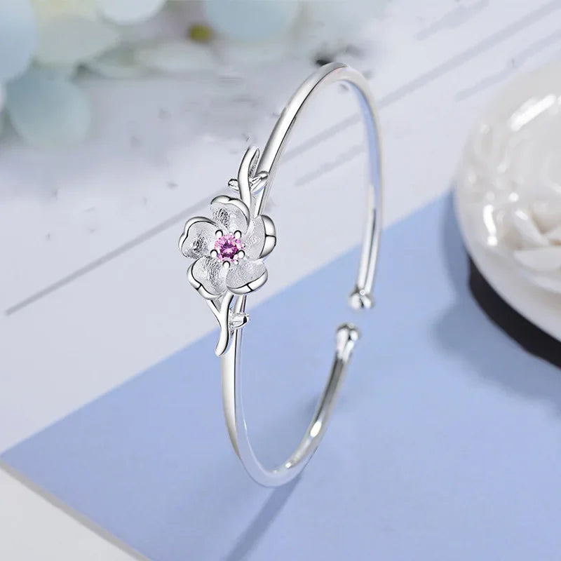 Fashion 925 Sterling Silver Shiny Cherry Blossoms Bracelets