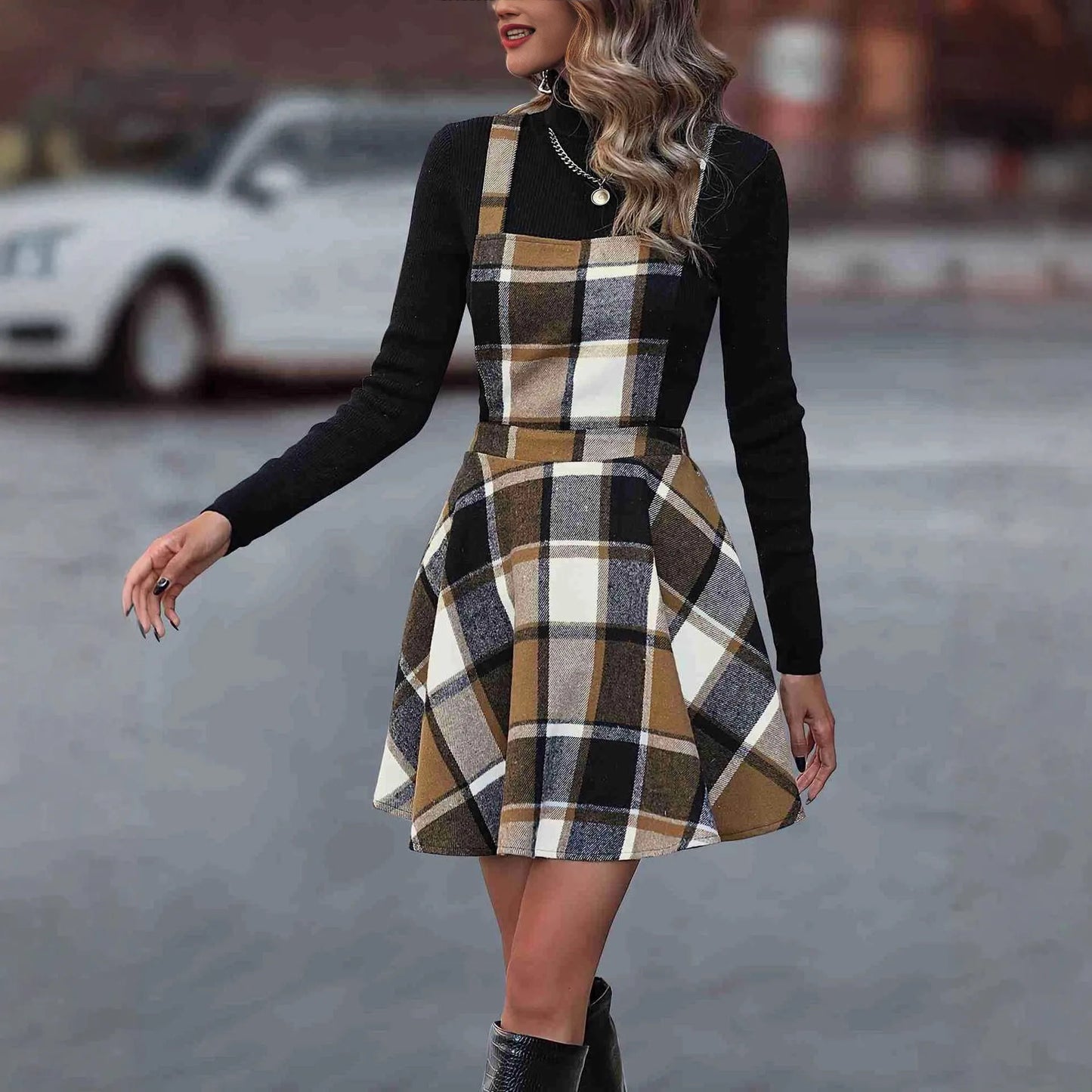Women A-Line High Waist Vintage Tartan Jumper Dress
