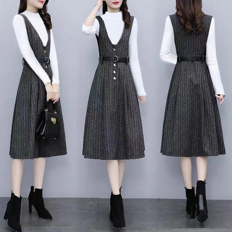 Winter Vintage Stripe Printing V-neck Tank Dress Set - Venus Trendy Fashion Online