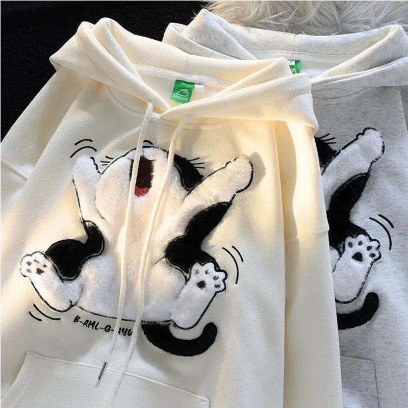 Kawaii Flock Embroidery Cartoon Cat Patchwork Hoodies - Venus Trendy Fashion Online