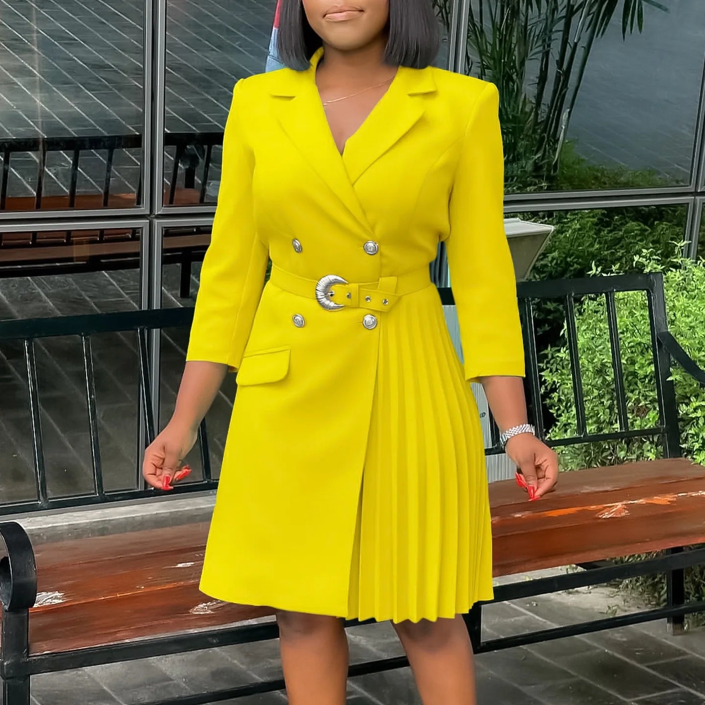 Elegant Full Sleeve Sashes Pleated Fashion Dress