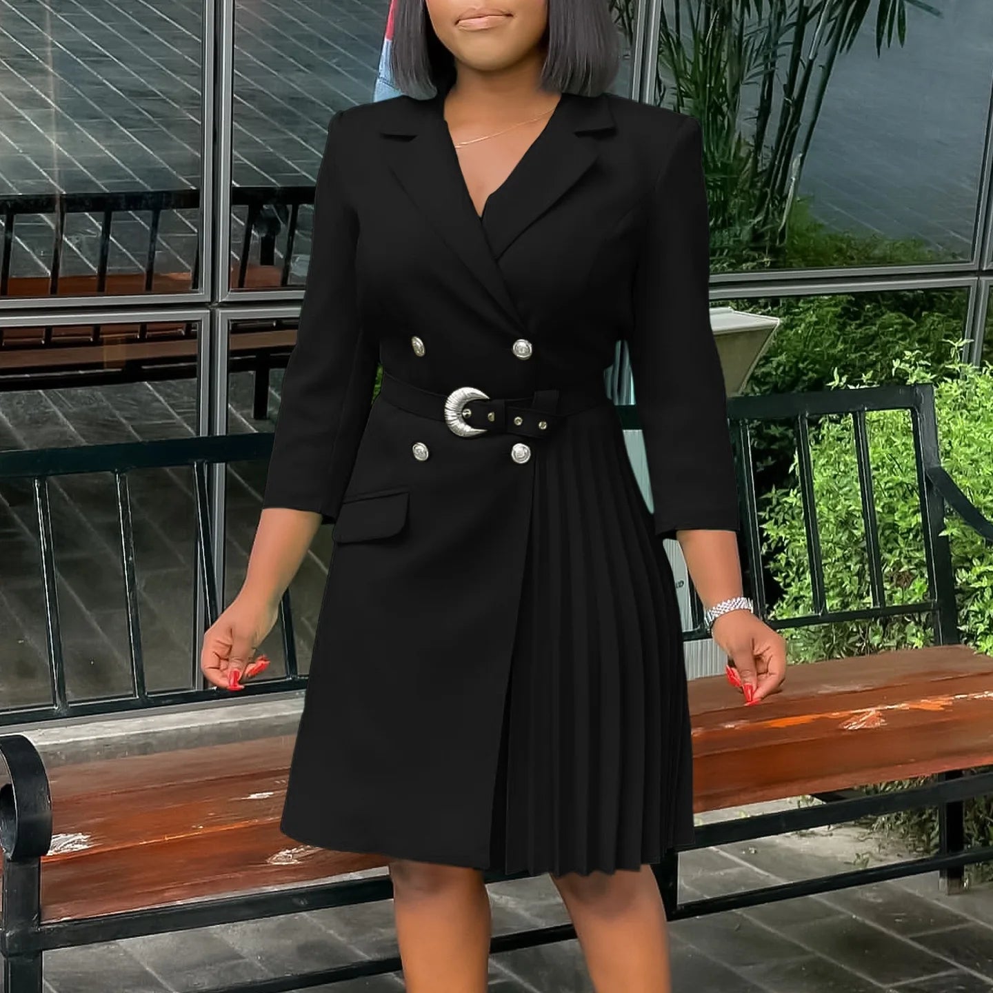 Elegant Full Sleeve Sashes Pleated Fashion Dress