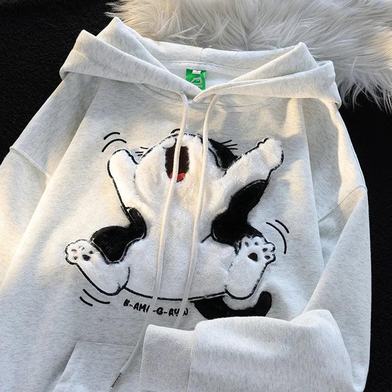 Kawaii Flock Embroidery Cartoon Cat Patchwork Hoodies - Venus Trendy Fashion Online