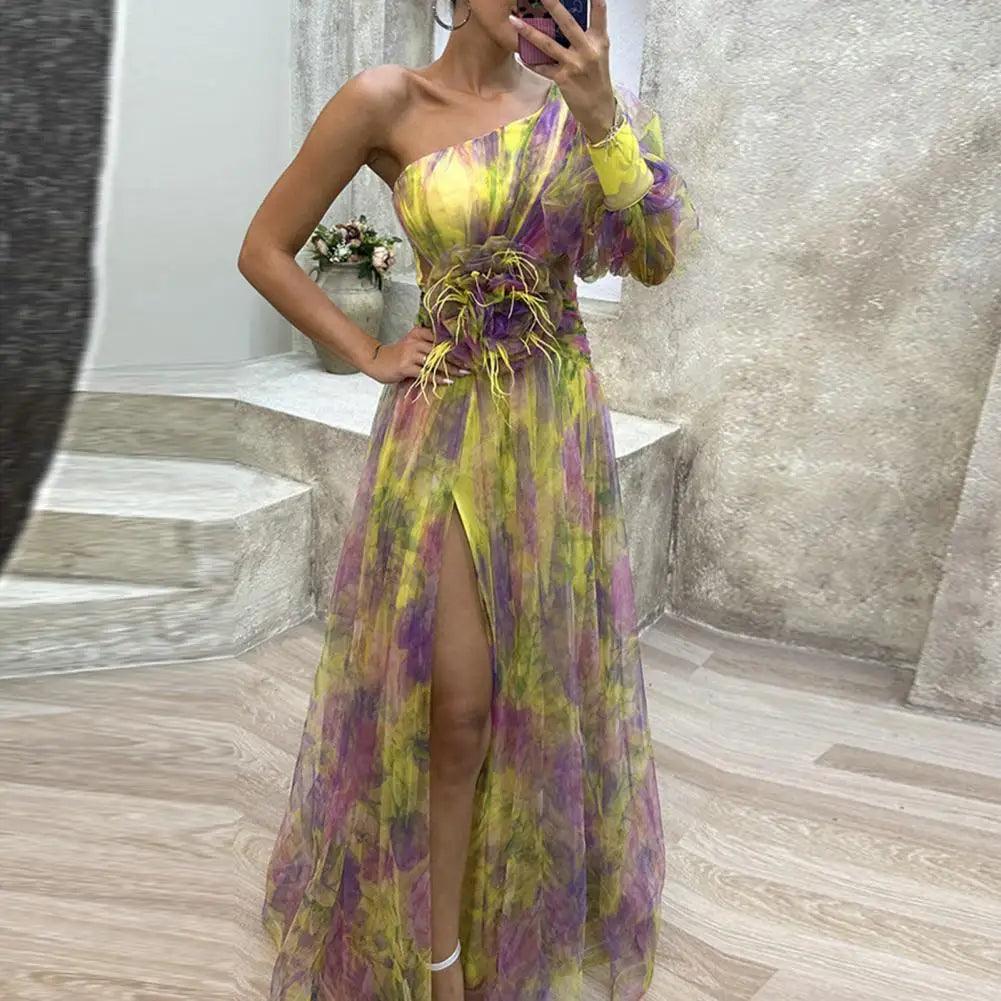 Elegant One Shoulder Tie-dye Ball Gown Evening Dress - Venus Trendy Fashion Online