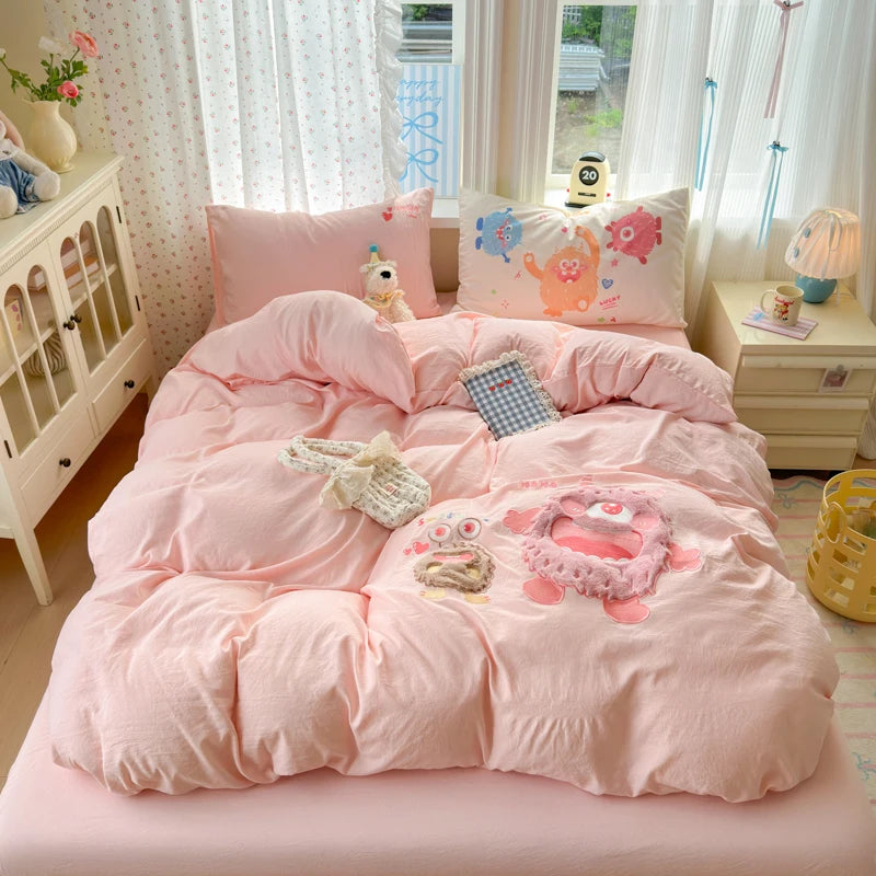 Cute Cartoon's Bow Towel Embroidery Girls Bedding Set