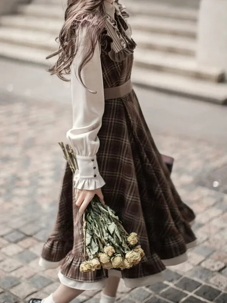 Women Long Skirt Lolita Plaid Dress