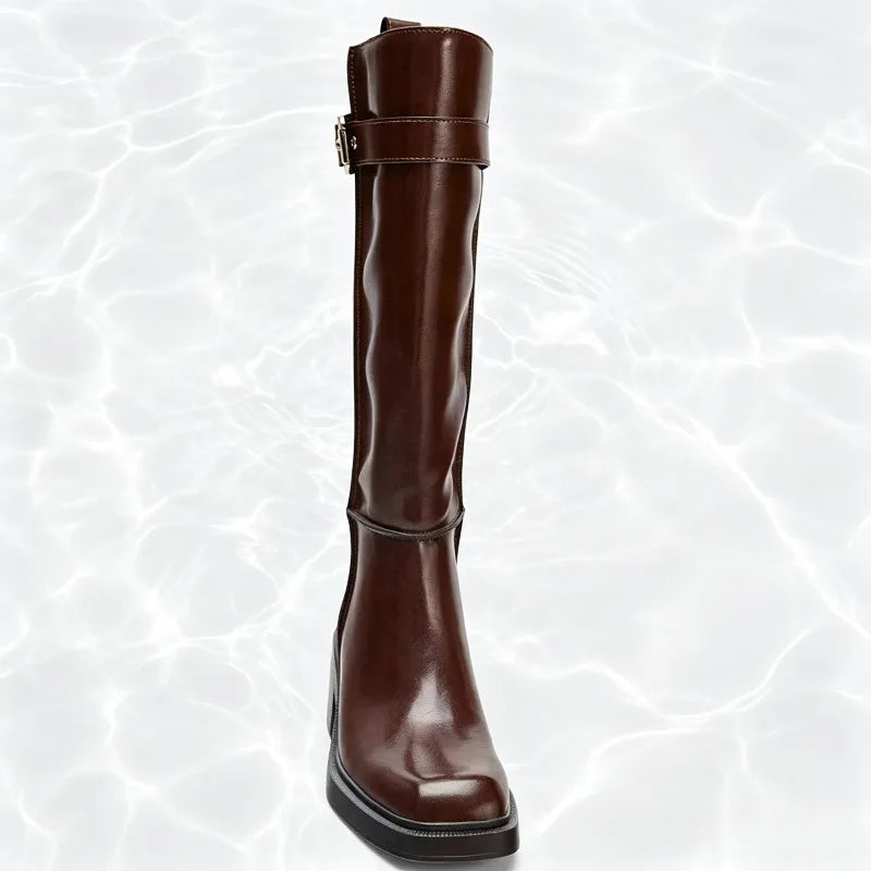 British Style Women Brown Knee Boots