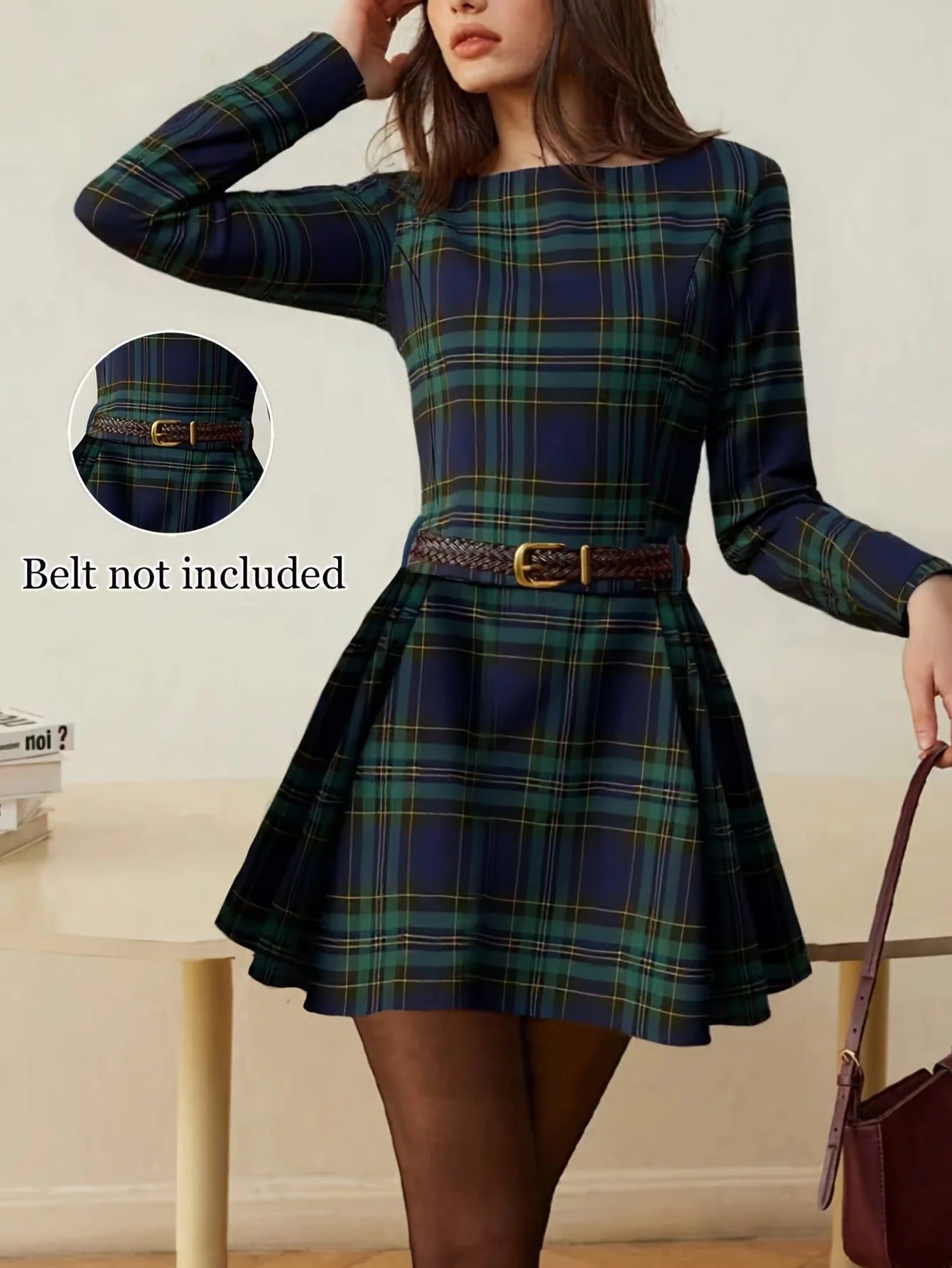 Elegant Plaid Long Sleeve Short Dress