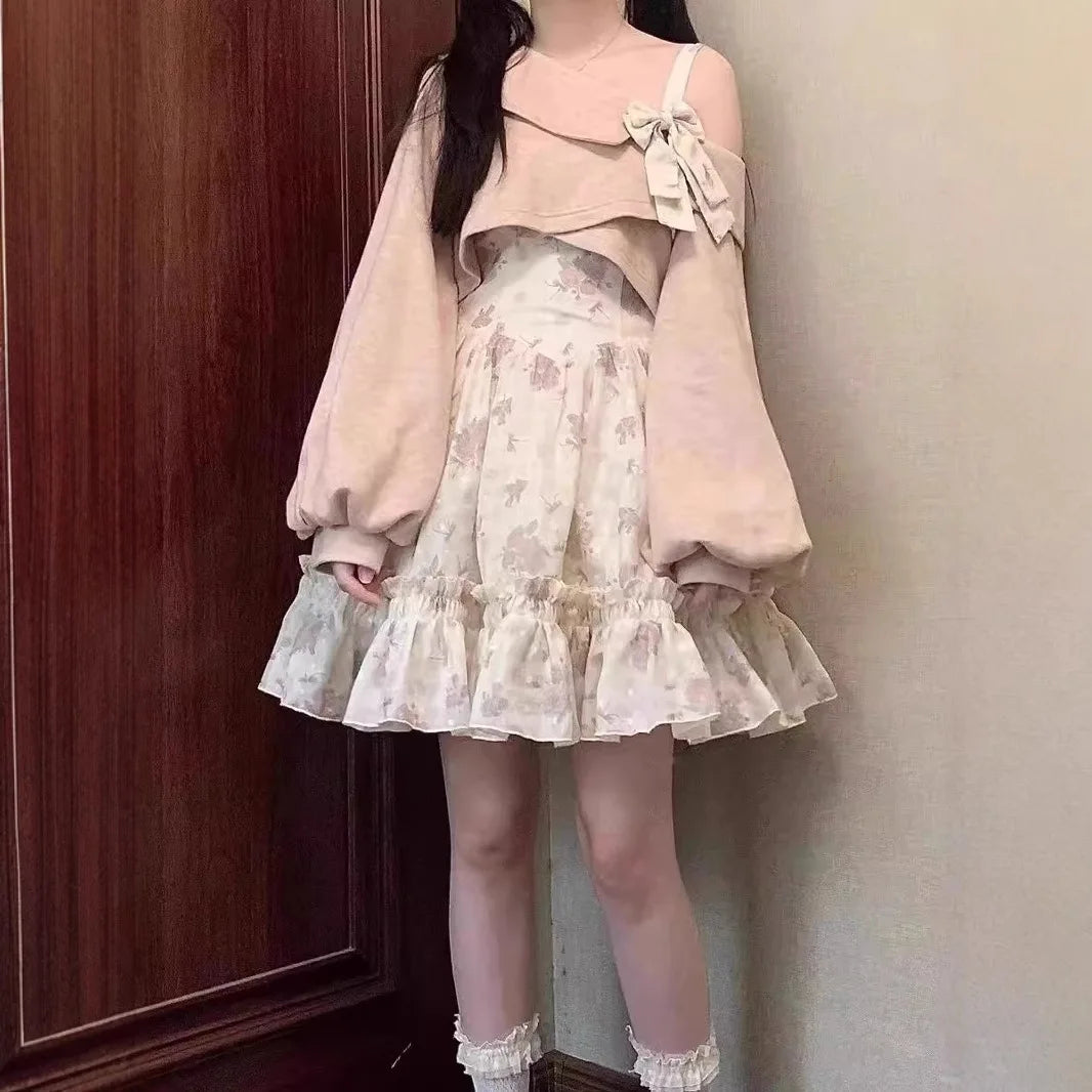 Lolita Floral Print Off-Shoulder Strap Dress