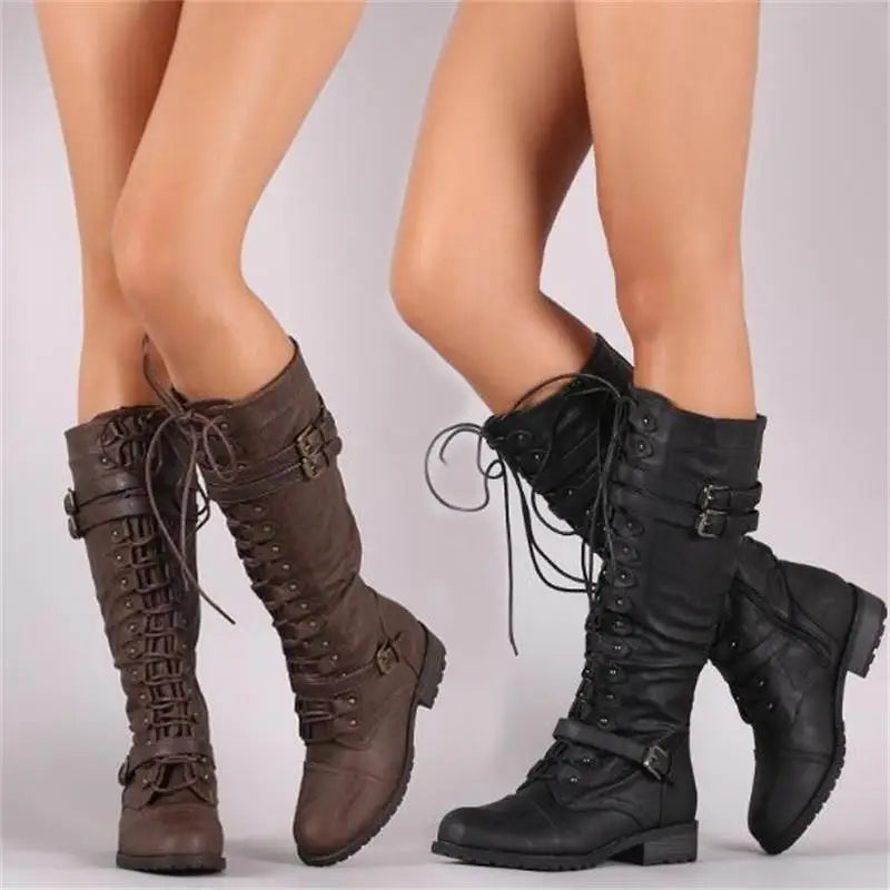 Women PU Retro Buckle Boots - Venus Trendy Fashion Online