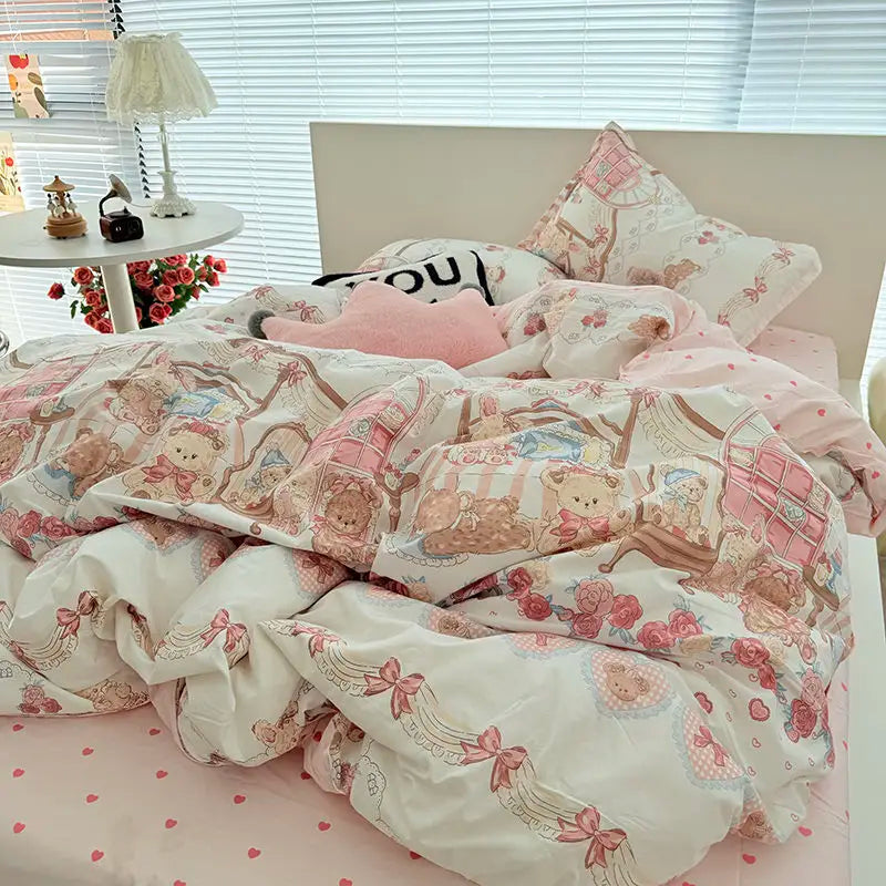 Korean Kawaii  Bear Floral Bedding sets