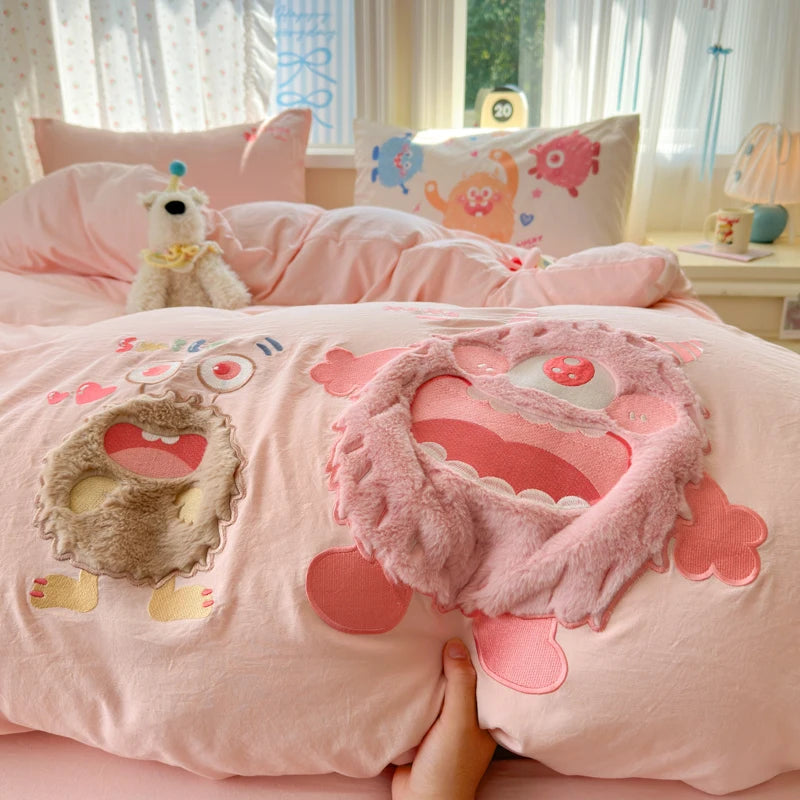 Cute Cartoon's Bow Towel Embroidery Girls Bedding Set