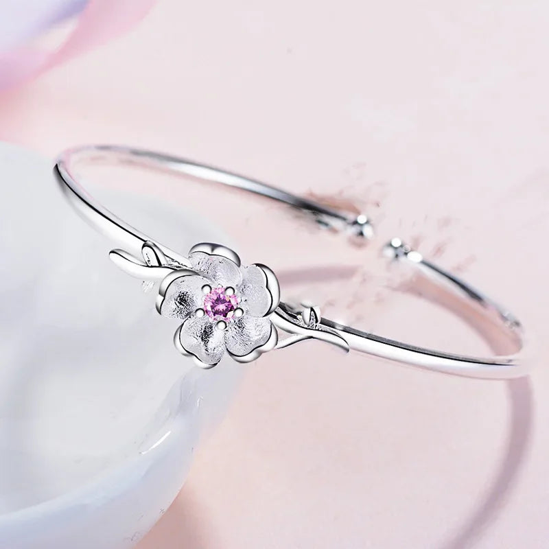 Fashion 925 Sterling Silver Shiny Cherry Blossoms Bracelets