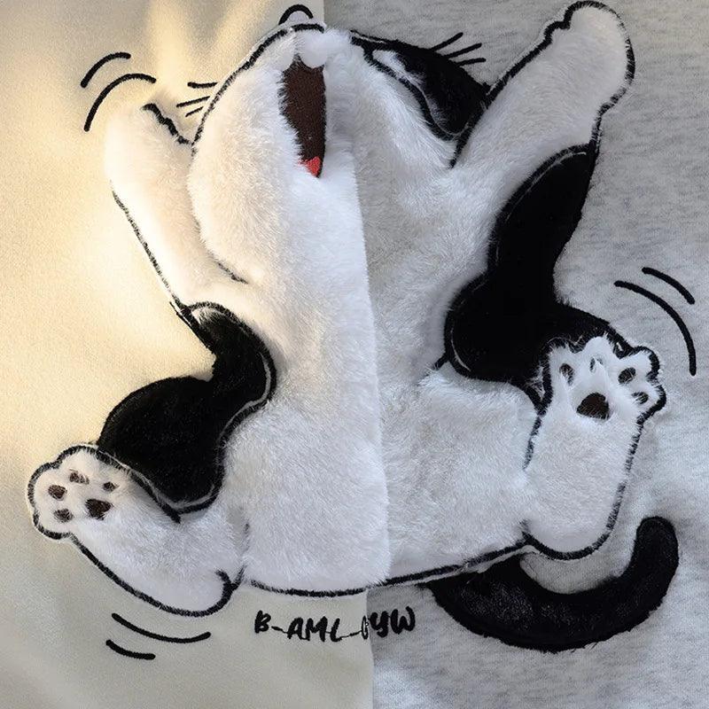 Kawaii Flock Embroidery Cartoon Cat Patchwork Hoodies - Venus Trendy Fashion Online