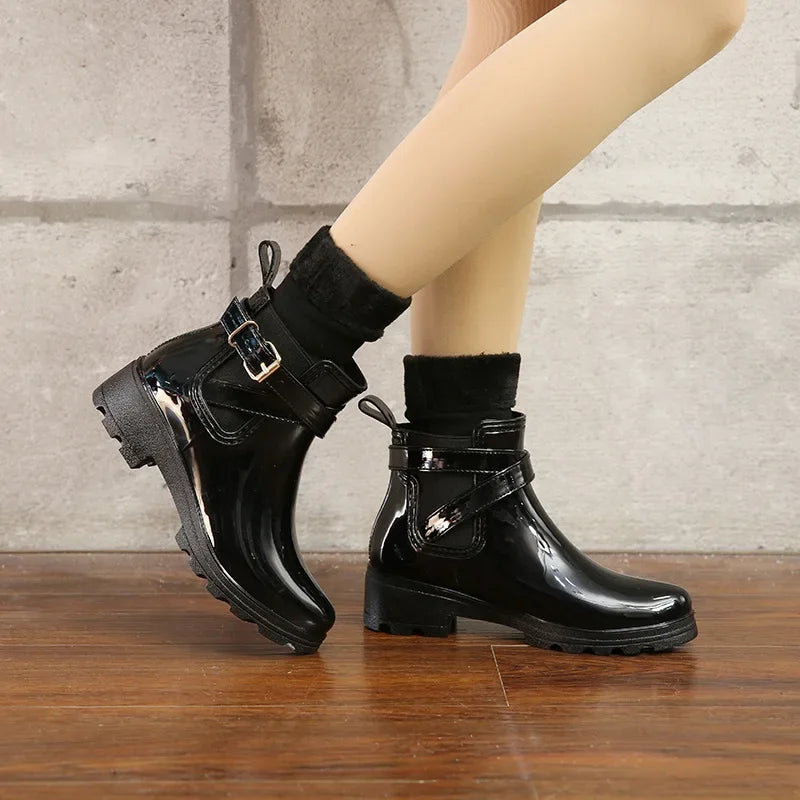 Women Leather Pu Ankle Rain Boots