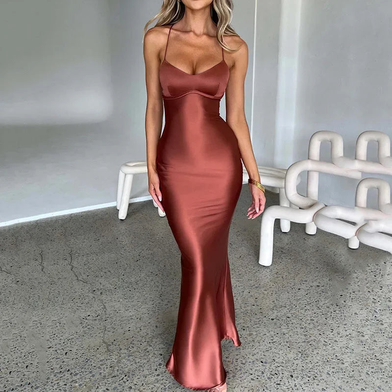 Sexy Spaghetti Strap Satin Party Long Dress