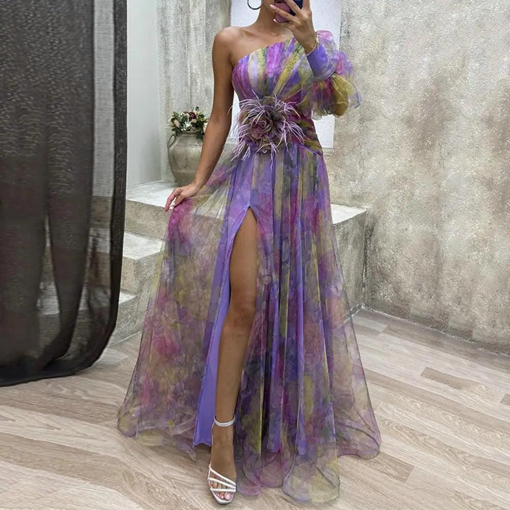 Elegant One Shoulder Tie-dye Ball Gown Evening Dress - Venus Trendy Fashion Online