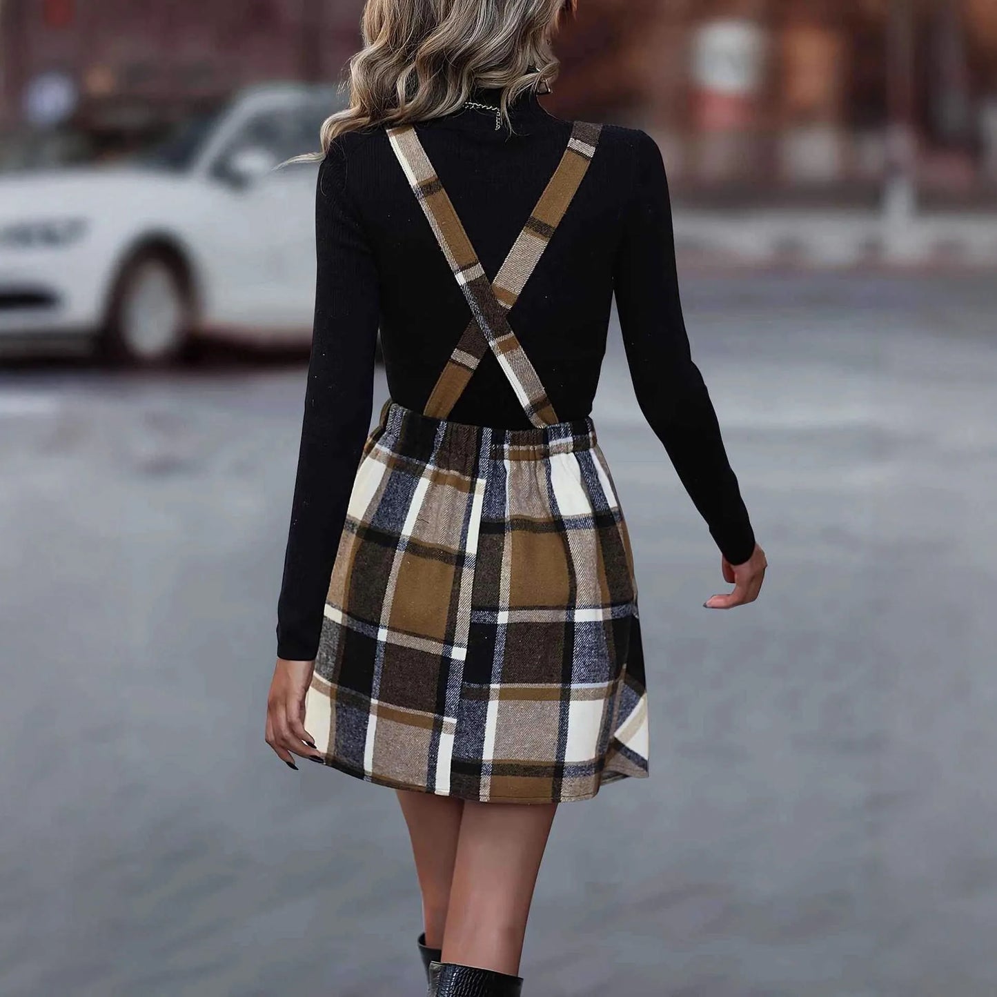 Women A-Line High Waist Vintage Tartan Jumper Dress