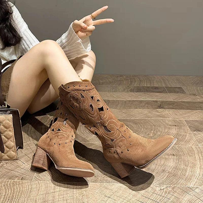 Autumn Chunky Heels Knee High Cowboy Boots - Venus Trendy Fashion Online