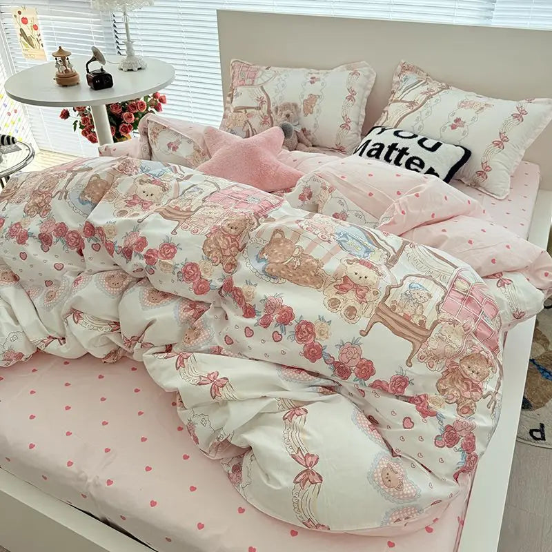 Korean Kawaii  Bear Floral Bedding sets