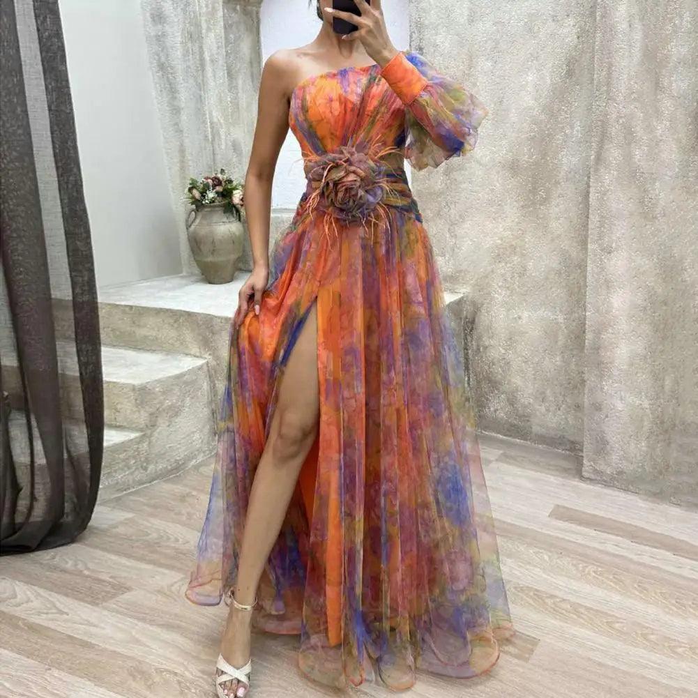 Elegant One Shoulder Tie-dye Ball Gown Evening Dress - Venus Trendy Fashion Online