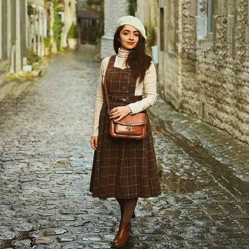 Women Autumn Winter Plaid Woolen Spaghetti Strap Dress With Belt - Venus Trendy Fashion Online