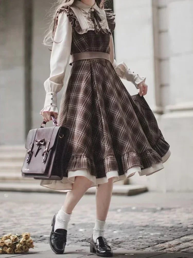 Women Long Skirt Lolita Plaid Dress