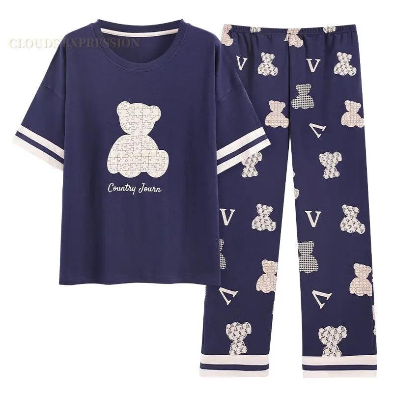 Short Sleeved Cartoon Bear Pajama Sets - Venus Trendy Fashion Online